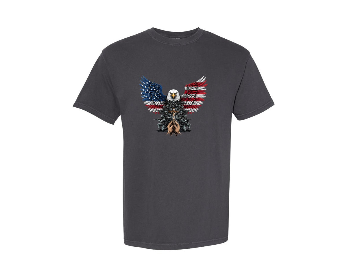 brand:Comfort Colors|color:Graphite|Patriotic Eagle Soldier Cross Graphic T-Shirt