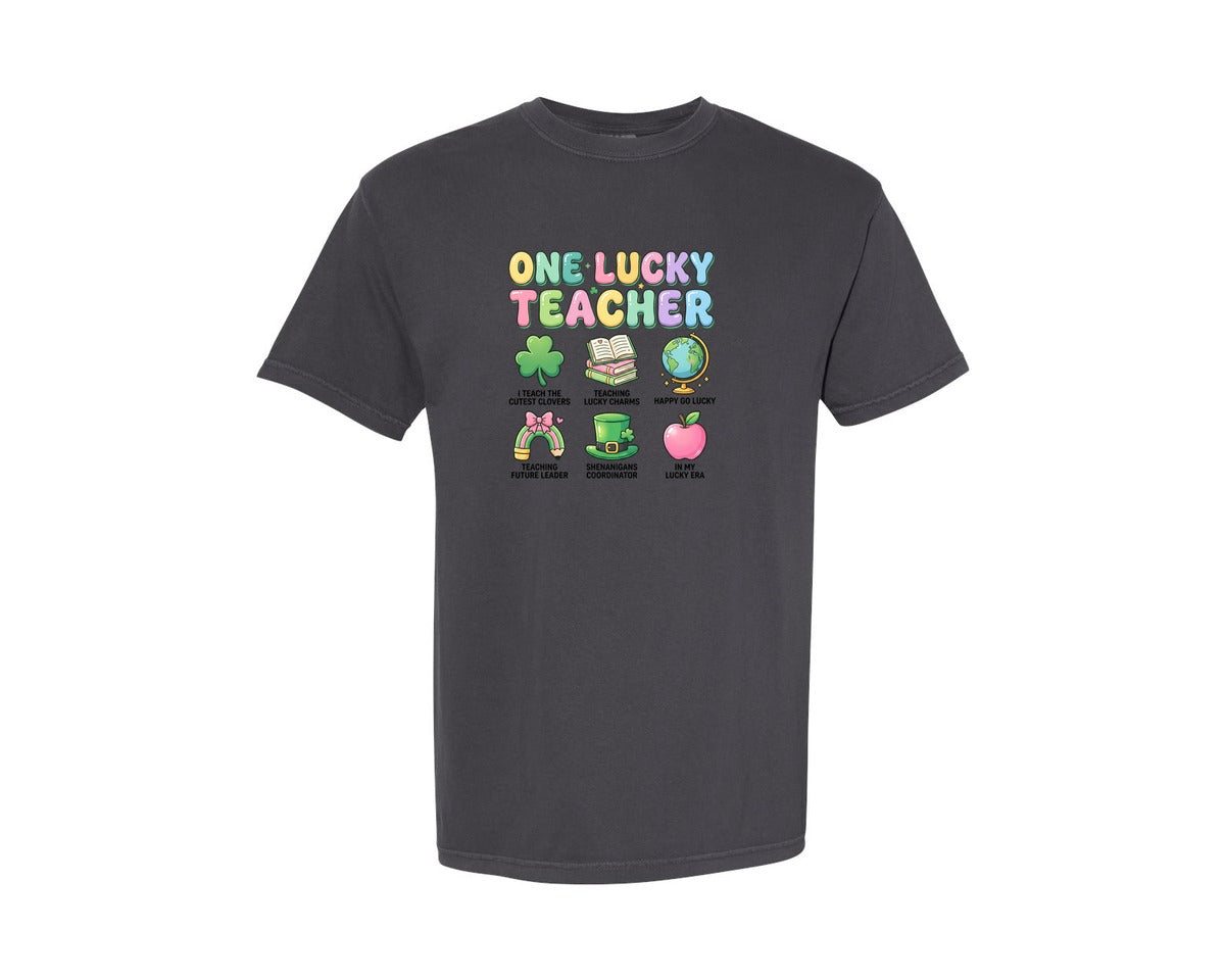 brand:Comfort Colors|color:Graphite|One Lucky Teacher St Patrick Graphic T-Shirt