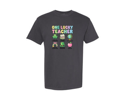 brand:Comfort Colors|color:Graphite|One Lucky Teacher St Patrick Graphic T-Shirt