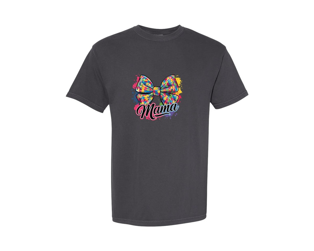 brand:Comfort Colors|color:Graphite|Autism Mama Colorful Puzzle Bow Art Graphic T-Shirt