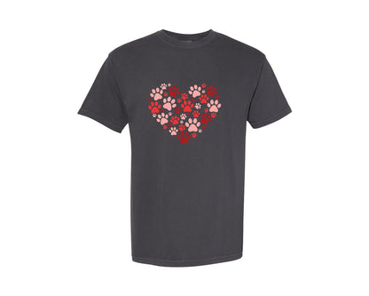 brand:Comfort Colors|color:Graphite|Dog Paw Heart Valentines Day 3 Graphic T-Shirt