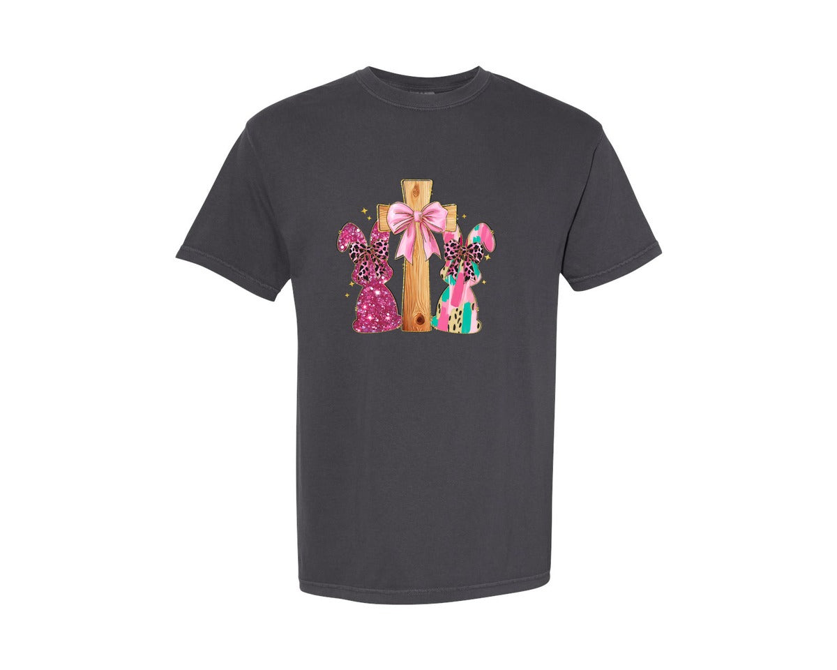 brand:Comfort Colors|color:Graphite|Christian Easter Coquette Cross Graphic T-Shirt