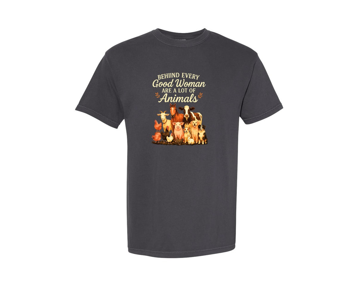 brand:Comfort Colors|color:Graphite|Behind Every Good Woman Funny Farm Graphic T-Shirt