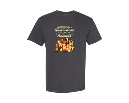 brand:Comfort Colors|color:Graphite|Behind Every Good Woman Funny Farm Graphic T-Shirt