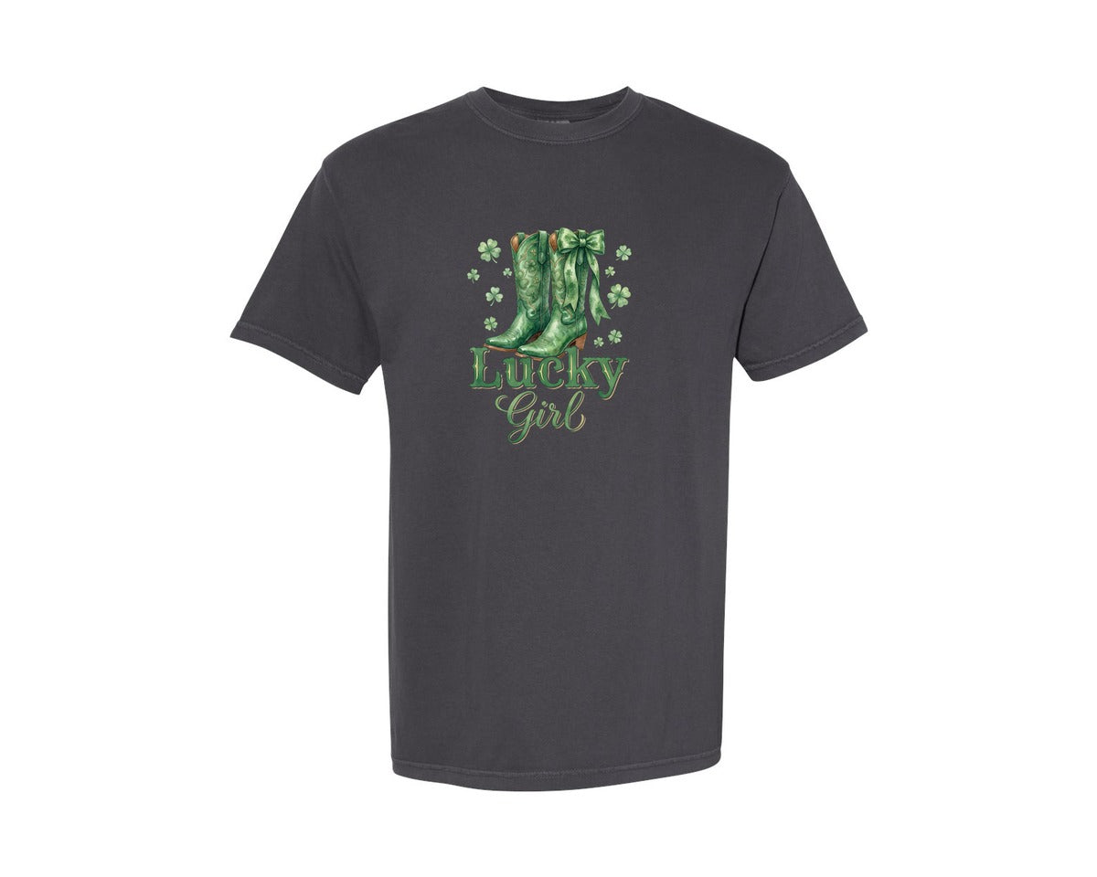 brand:Comfort Colors|color:Graphite|Lucky Girl St Patricks Day Cowgirl Graphic T-Shirt