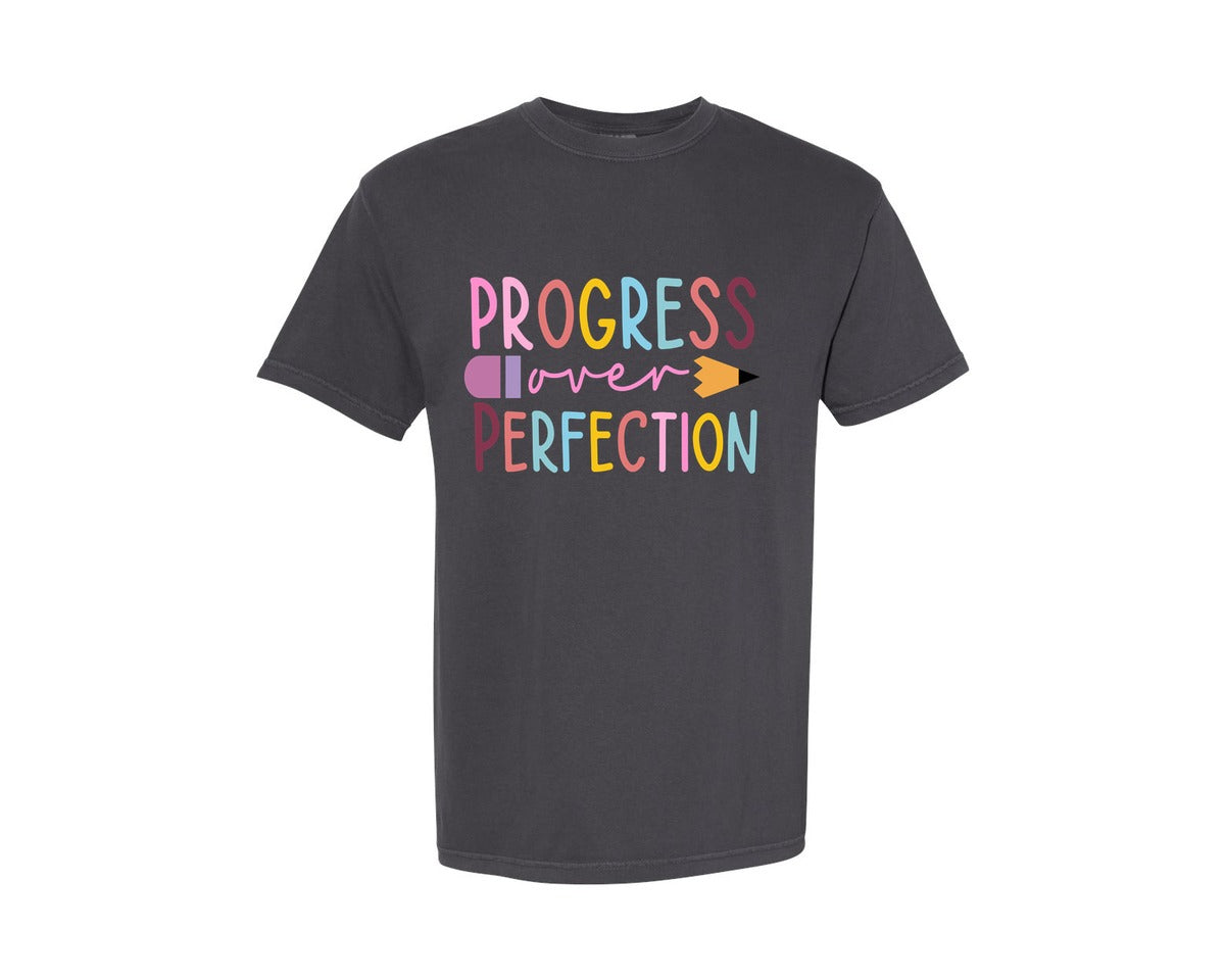 brand:Comfort Colors|color:Graphite|Progress Over Perfection Teacher 2 Graphic T-Shirt