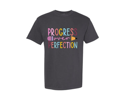 brand:Comfort Colors|color:Graphite|Progress Over Perfection Teacher 2 Graphic T-Shirt