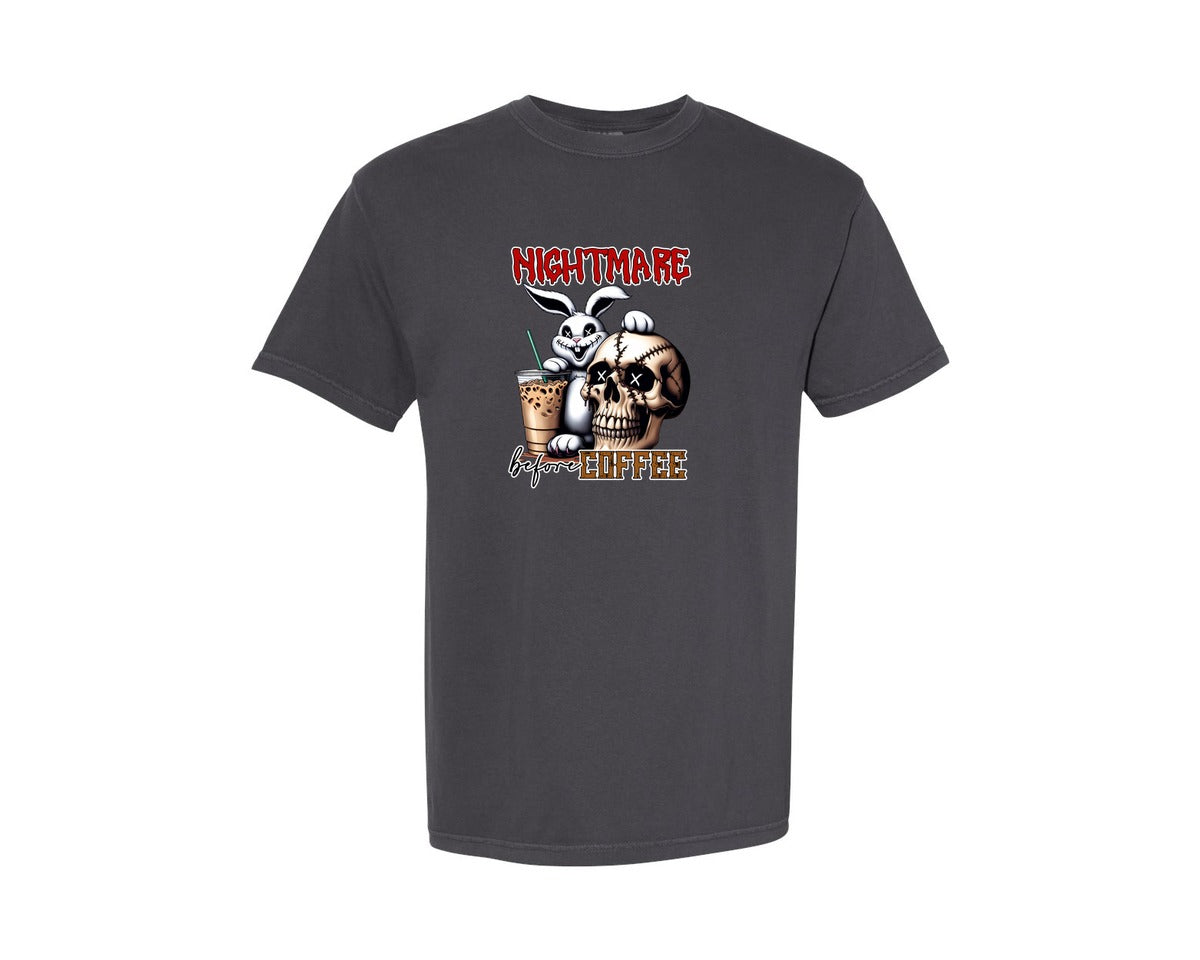 brand:Comfort Colors|color:Graphite|Nightmare Before Coffee Halloween Print Graphic T-Shirt