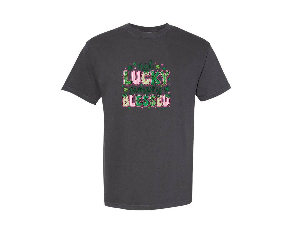brand:Comfort Colors|color:Graphite|Not Lucky Simply Blessed 4 Graphic T-Shirt