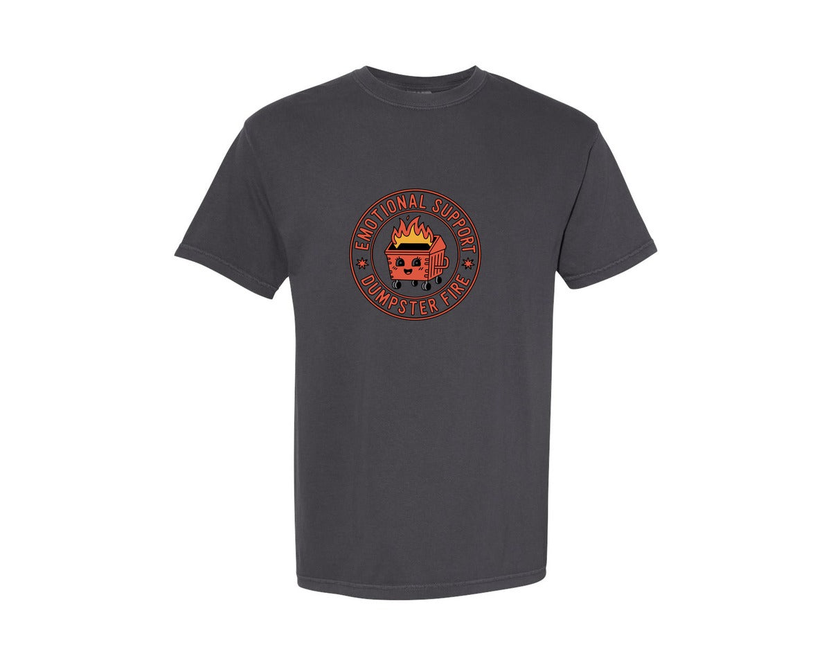 brand:Comfort Colors|color:Graphite|Emotional Support Dumpster Fire Emblem Graphic T-Shirt