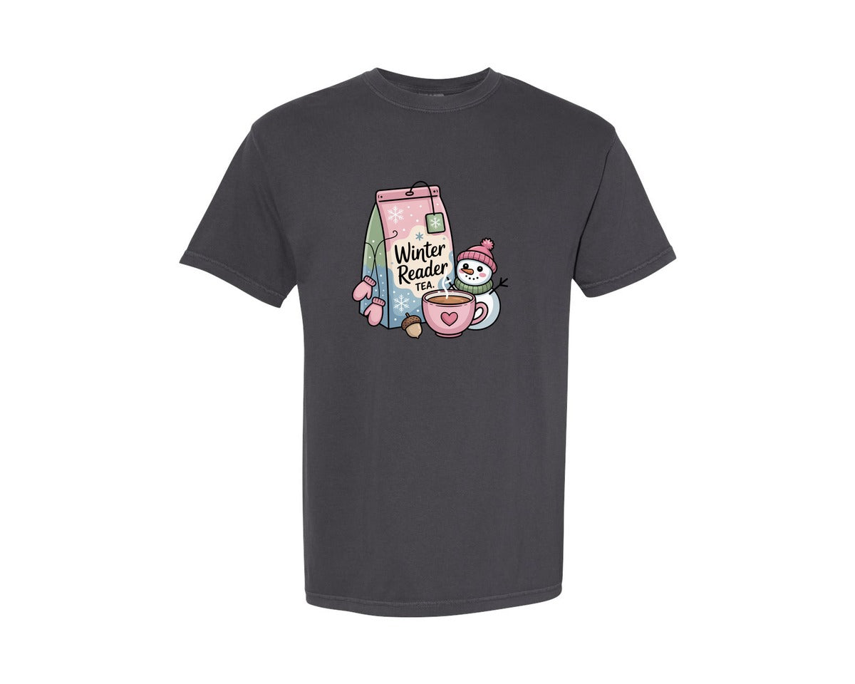 brand:Comfort Colors|color:Graphite|Winter Reader Tea Design 2 Graphic T-Shirt
