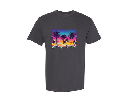brand:Comfort Colors|color:Graphite|Summer Salty Soul Beach Sunset Palm Graphic T-Shirt