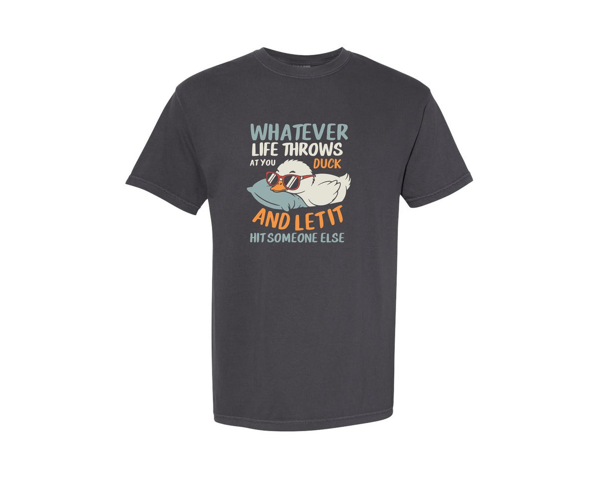 brand:Comfort Colors|color:Graphite|Whatever Life Throws Funny Duck Graphic T-Shirt