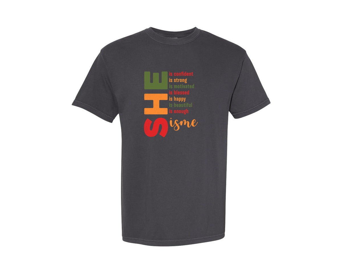 brand:Comfort Colors|color:Graphite|She Is Confident Strong Black Girl Graphic T-Shirt