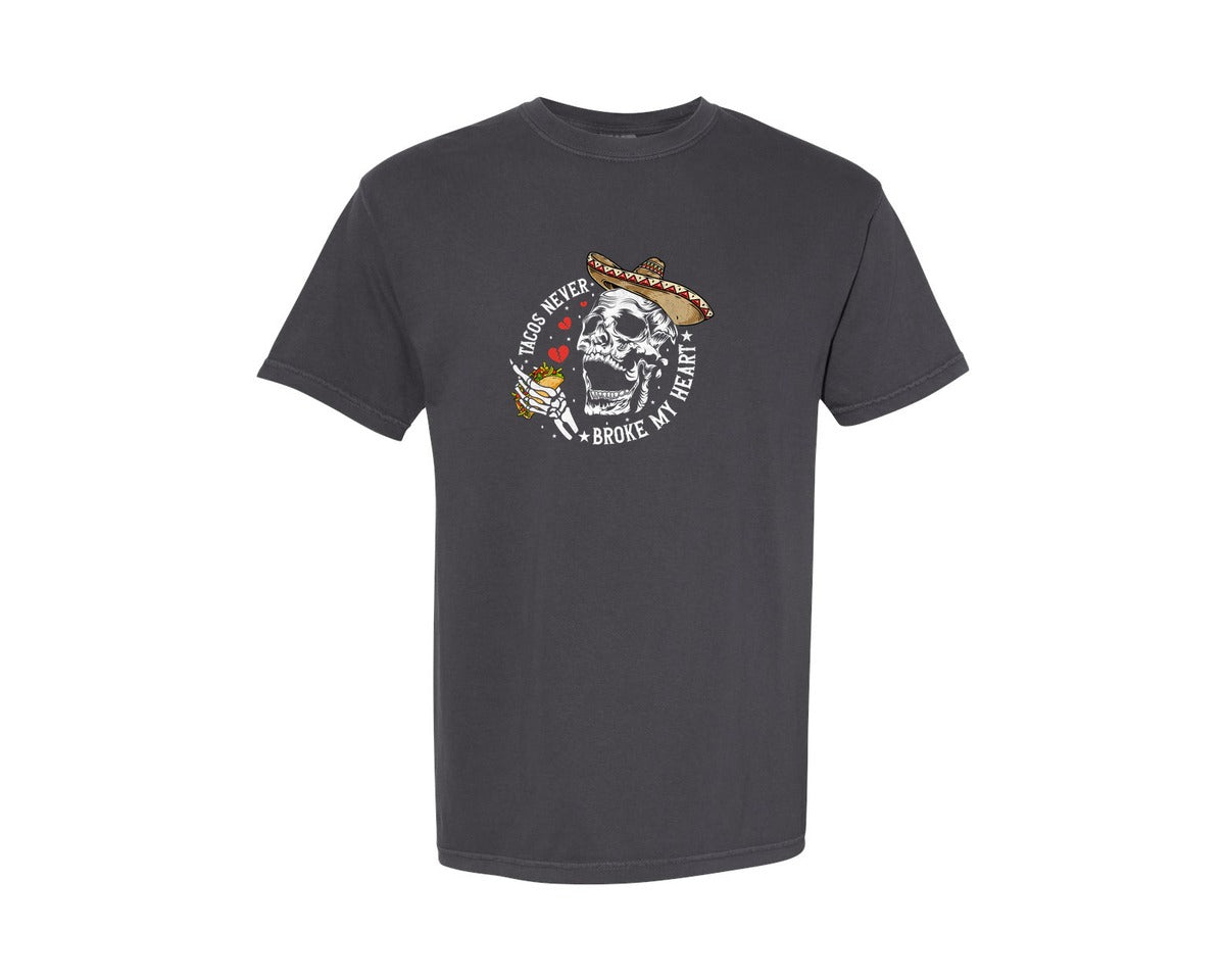 brand:Comfort Colors|color:Graphite|Tacos Never Broke My Heart Skeleton Graphic T-Shirt