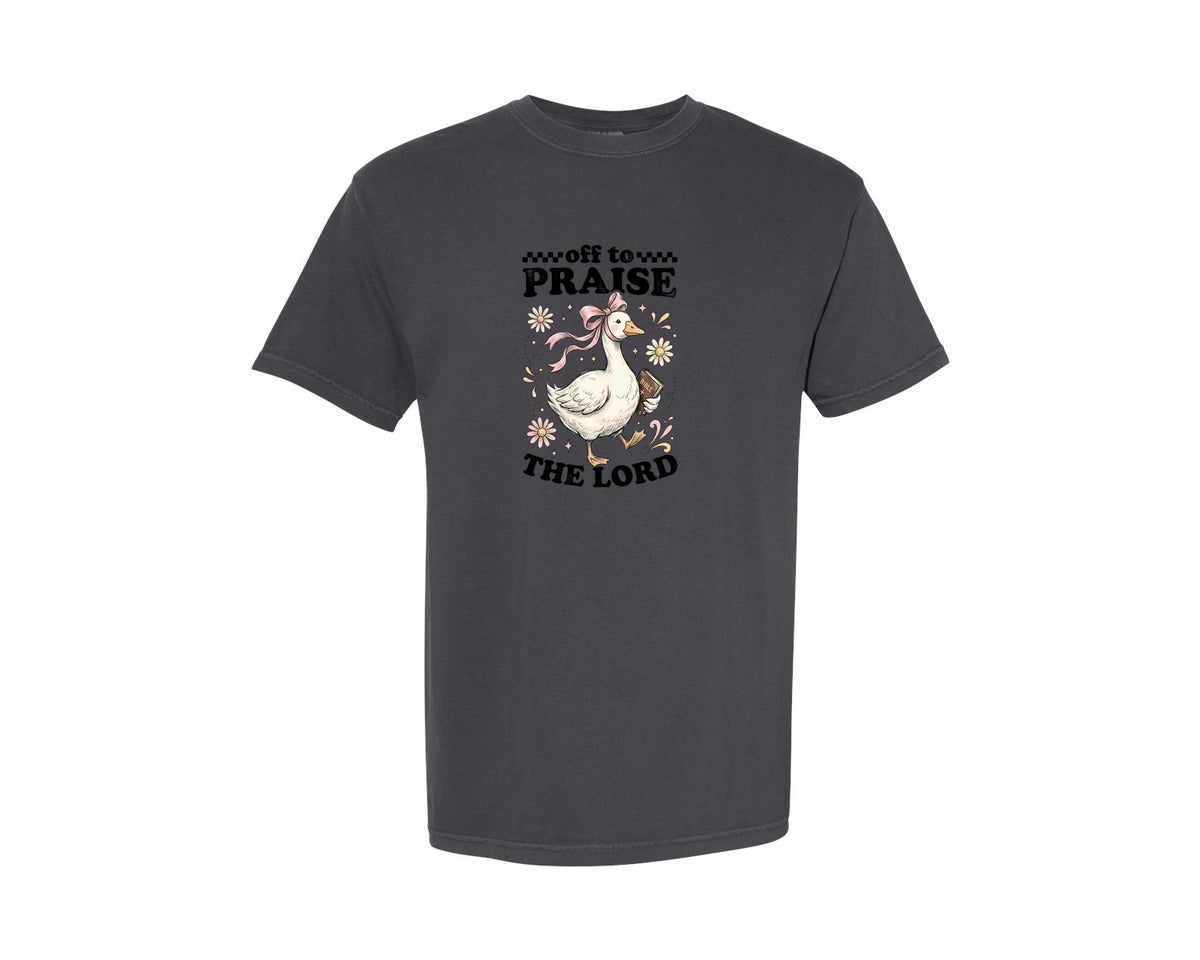 brand:Comfort Colors|color:Graphite|Off To Praise The Lord Christian Goose Graphic T-Shirt