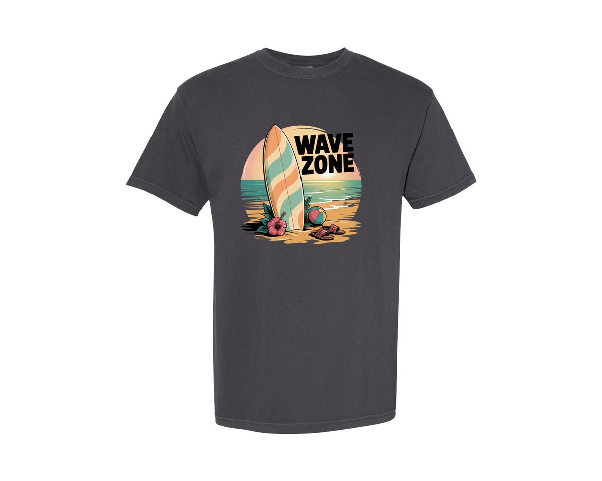 brand:Comfort Colors|color:Graphite|Wave Zone Surfboard Beach Graphic T-Shirt