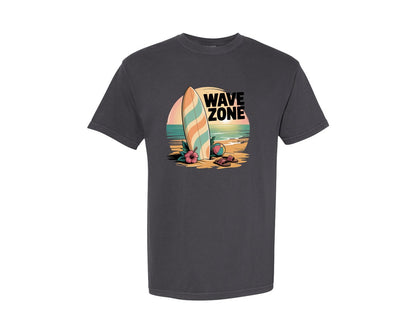 brand:Comfort Colors|color:Graphite|Wave Zone Surfboard Beach Graphic T-Shirt