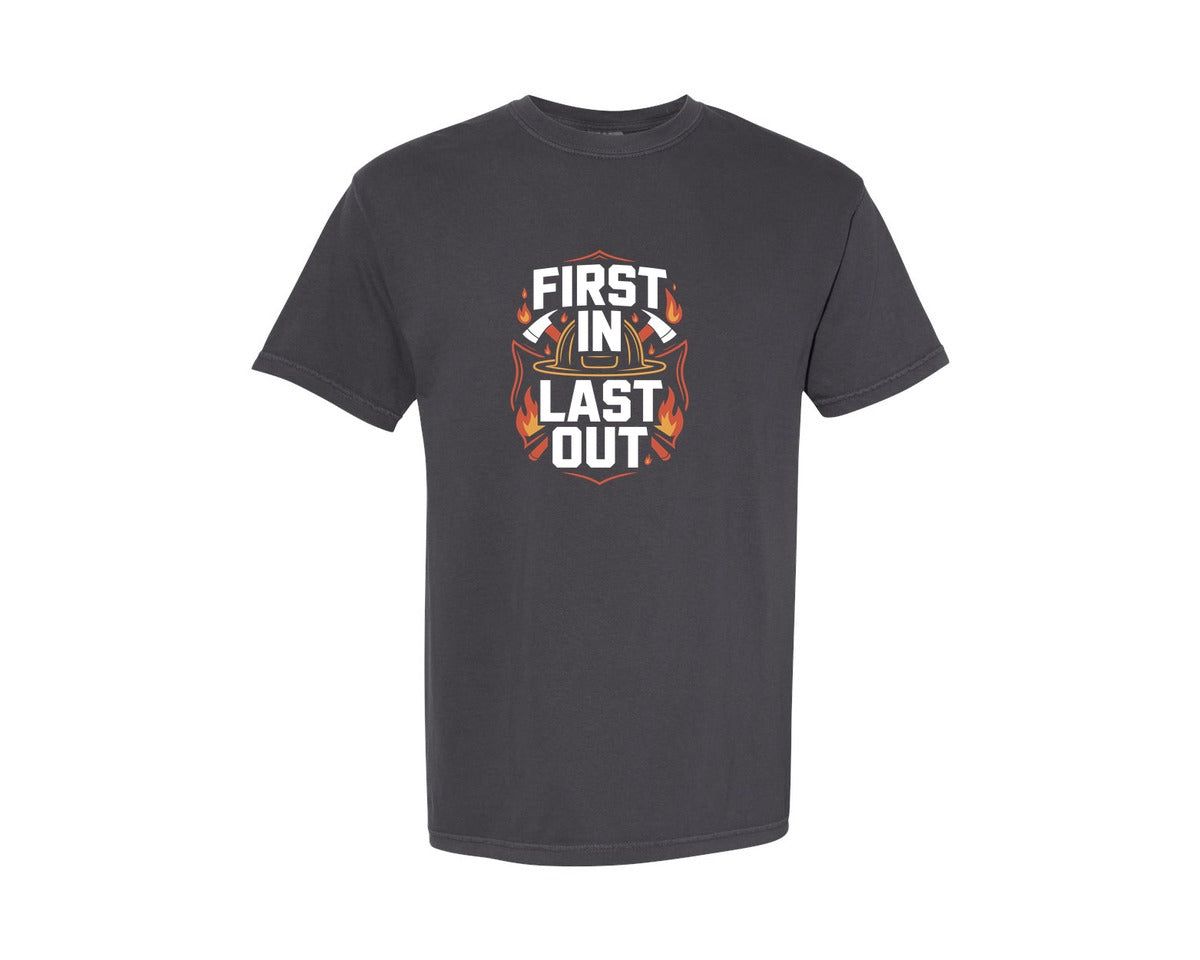 brand:Comfort Colors|color:Graphite|First In Last Out T Shirt Design Graphic T-Shirt