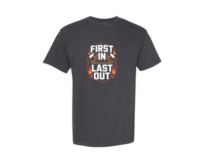 brand:Comfort Colors|color:Graphite|First In Last Out T Shirt Design Graphic T-Shirt