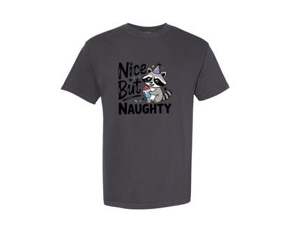 brand:Comfort Colors|color:Graphite|Funny Raccoon Nice But Naughty Graphic T-Shirt