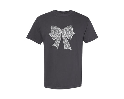 brand:Comfort Colors|color:Graphite|White Lace Coquette Bow Graphic T-Shirt