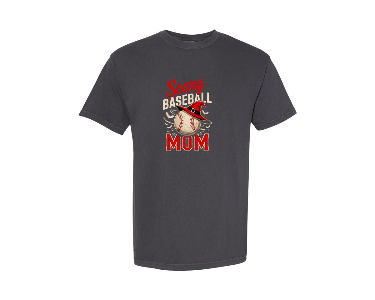 brand:Comfort Colors|color:Graphite|Scary Baseball Mom Halloween Witch Bat Graphic T-Shirt