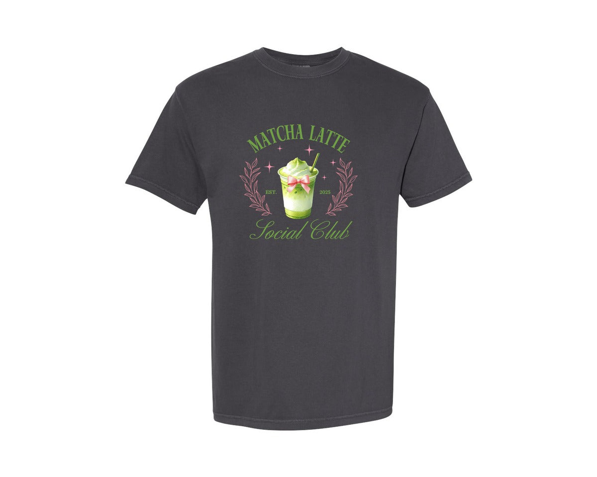 brand:Comfort Colors|color:Graphite|Coquette Bow Matcha Latte Social Club Graphic T-Shirt