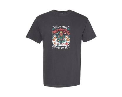 brand:Comfort Colors|color:Graphite|Whimsical Christmas Village Graphic T-Shirt