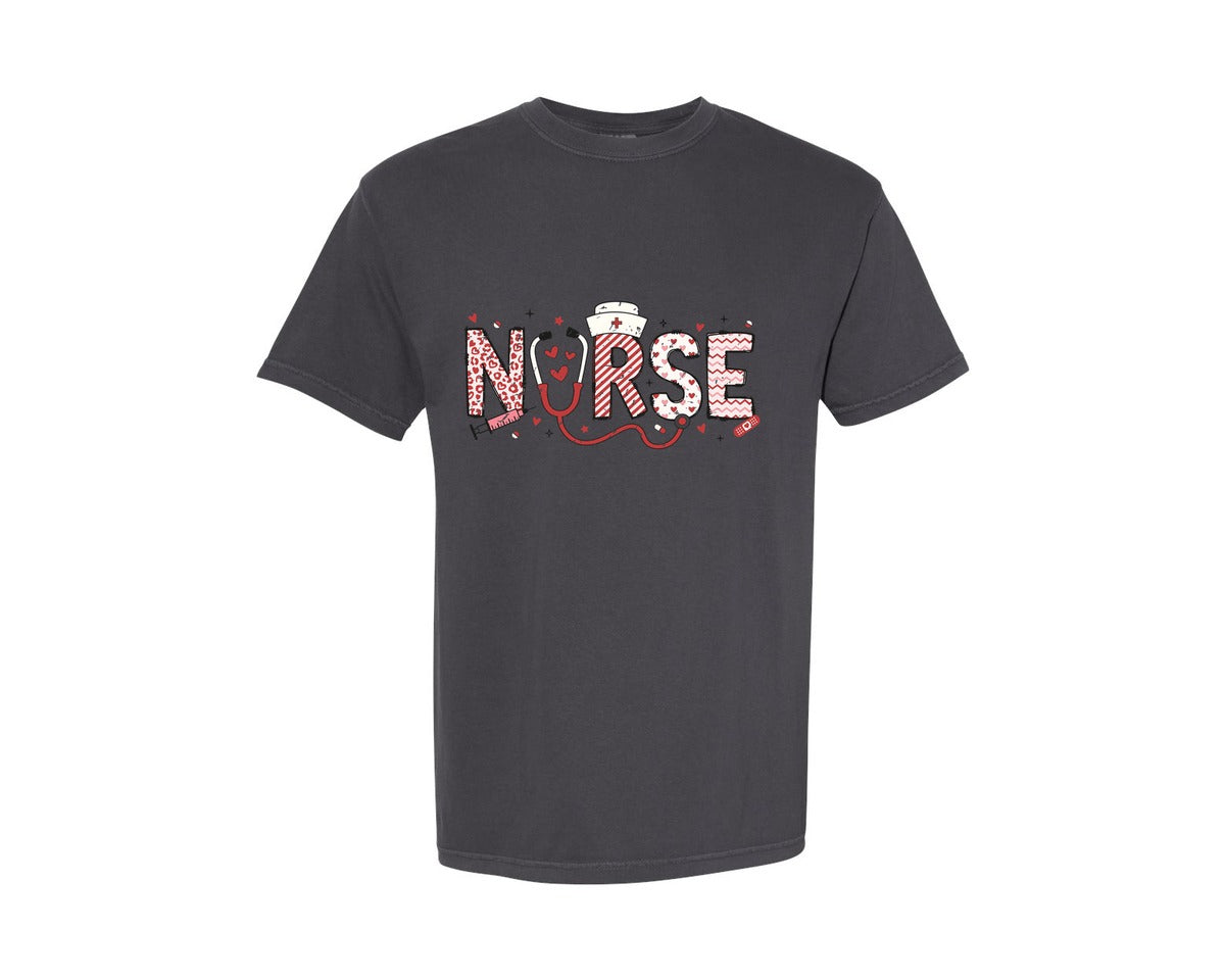 brand:Comfort Colors|color:Graphite|Nurse Valentine Day Letters Doodle Graphic T-Shirt