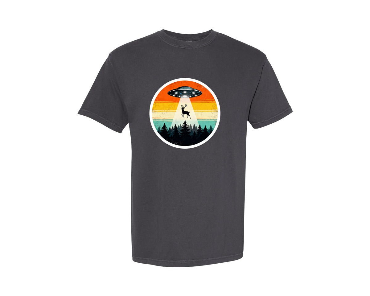 brand:Comfort Colors|color:Graphite|Ufo Abduction Deer T Shirt Design Graphic T-Shirt