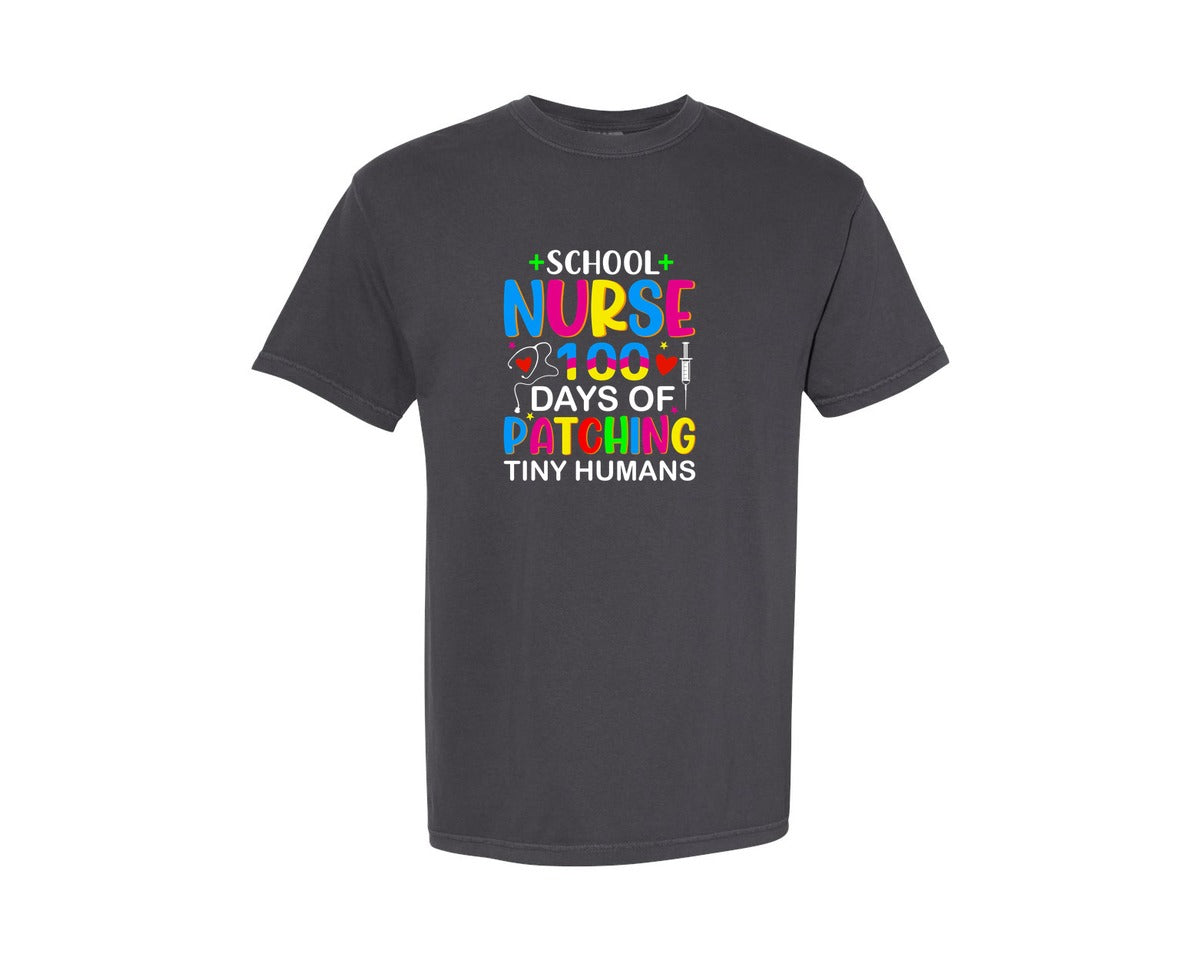 brand:Comfort Colors|color:Graphite|School Nurse 100 Days Of Patching Tshirt Graphic T-Shirt