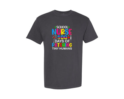 brand:Comfort Colors|color:Graphite|School Nurse 100 Days Of Patching Tshirt Graphic T-Shirt