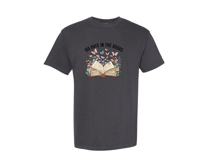 brand:Comfort Colors|color:Graphite|Blooming Butterfly Book 100 Days School Graphic T-Shirt