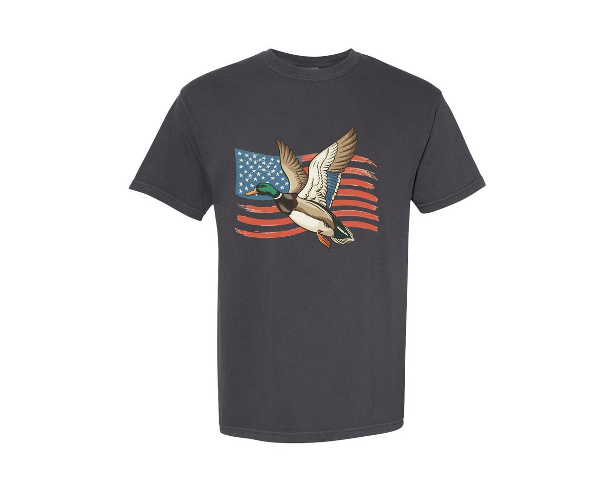 brand:Comfort Colors|color:Graphite|Flying Duck Patriotic Brush Flag Graphic T-Shirt