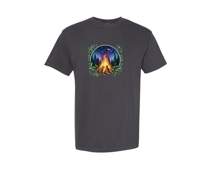 brand:Comfort Colors|color:Graphite|Moon Phase Green Forest Campfire Graphic T-Shirt
