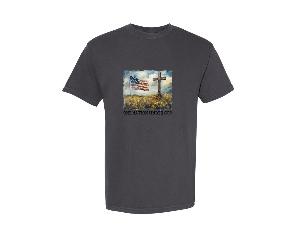 brand:Comfort Colors|color:Graphite|One Nation Under God Png4Th Of July 2 Graphic T-Shirt