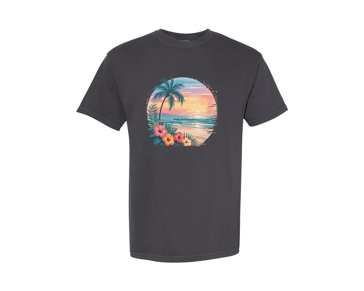 brand:Comfort Colors|color:Graphite|Tropical Sunset Retro Beach Scene Graphic T-Shirt