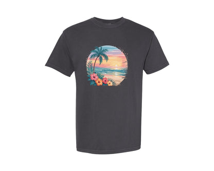 brand:Comfort Colors|color:Graphite|Tropical Sunset Retro Beach Scene Graphic T-Shirt