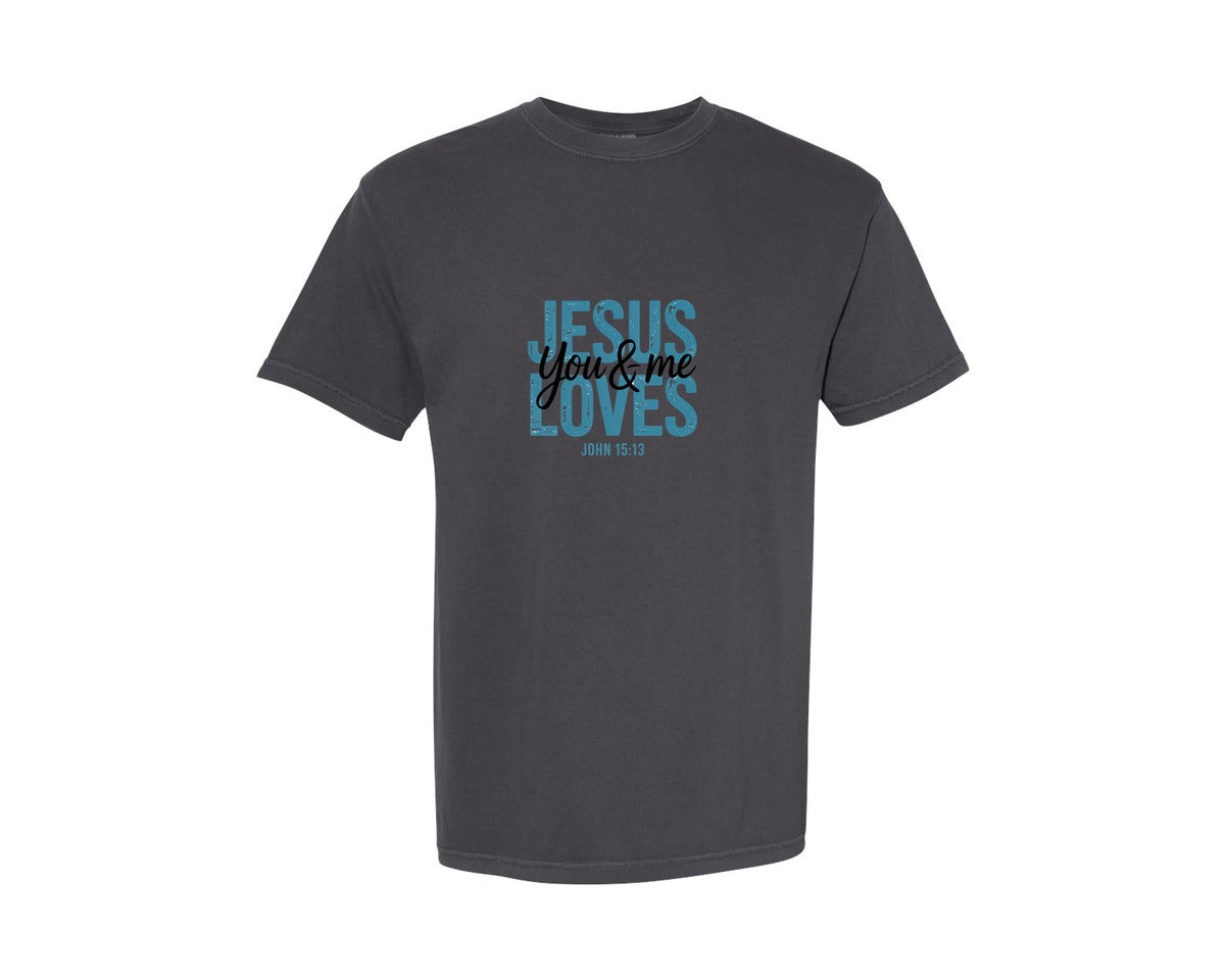 brand:Comfort Colors|color:Graphite|Jesus Loves You And Me Bible Verse Graphic T-Shirt