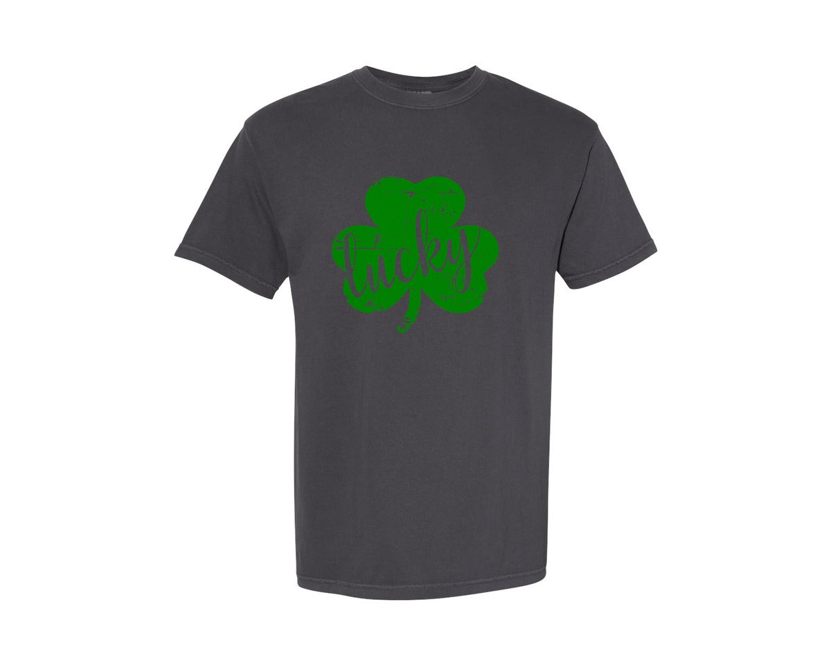 brand:Comfort Colors|color:Graphite|Lucky Shamrock Distressed St Patrick Day Graphic T-Shirt