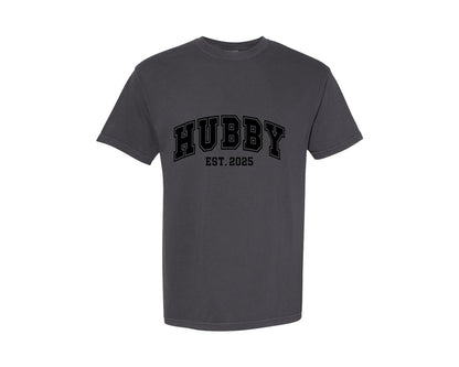 brand:Comfort Colors|color:Graphite|Hubby And Wifey 2025 Wedding Graphic T-Shirt