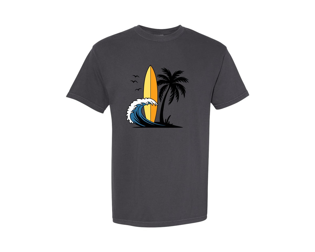 brand:Comfort Colors|color:Graphite|Surfboard With Ocean Wave And Palm Tree Graphic T-Shirt