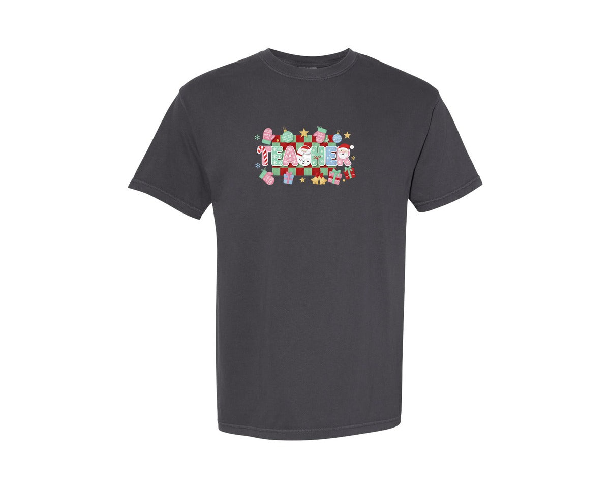 brand:Comfort Colors|color:Graphite|Faux Yarn Crochet Christmas Teacher Graphic T-Shirt