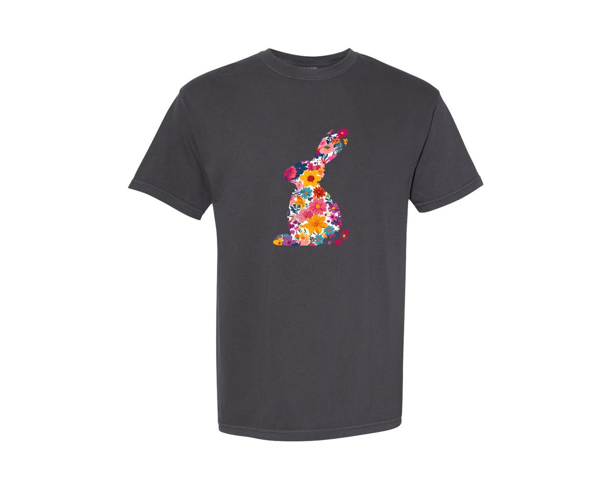 brand:Comfort Colors|color:Graphite|Floral Bunny Easter Rabbit Graphic T-Shirt