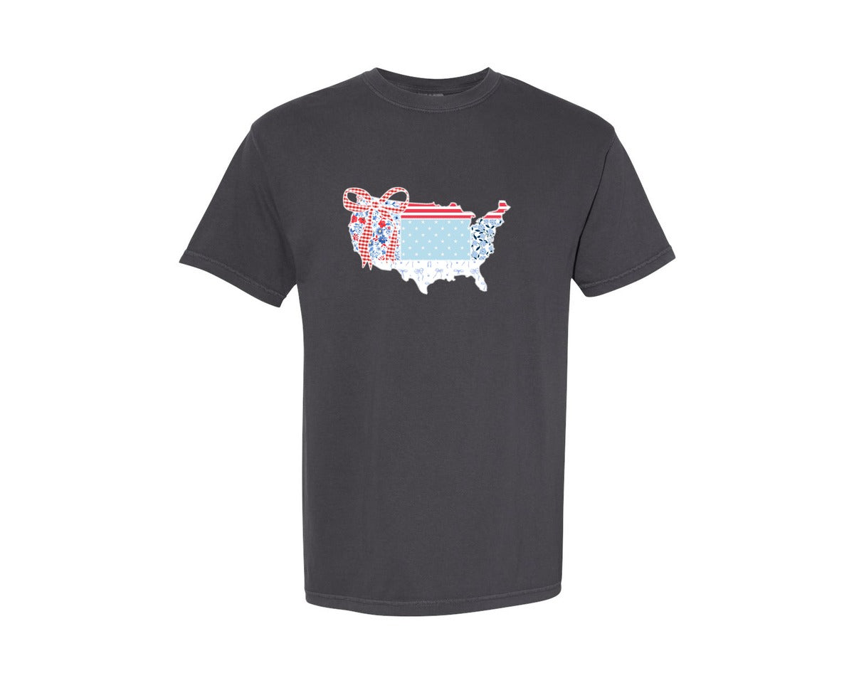 brand:Comfort Colors|color:Graphite|Fabric Usa Map Made Of Bows Graphic T-Shirt