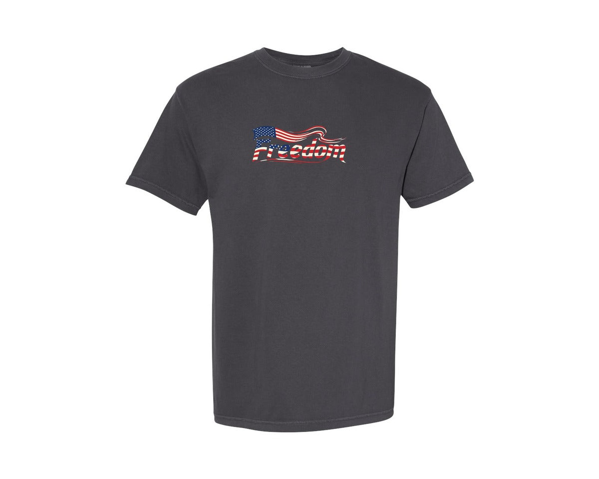 brand:Comfort Colors|color:Graphite|Freedom American Flag T Shirt Design Graphic T-Shirt