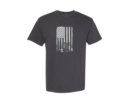 brand:Comfort Colors|color:Graphite|Bbq Grilling Barbecue American Flag Graphic T-Shirt