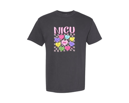 brand:Comfort Colors|color:Graphite|Nicu Candy Hearts Valentine Nurse Graphic T-Shirt