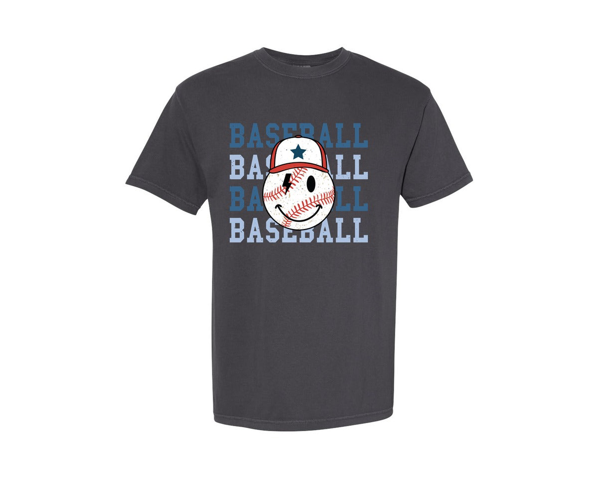 brand:Comfort Colors|color:Graphite|Retro Baseball Smiley Baseball Graphic T-Shirt